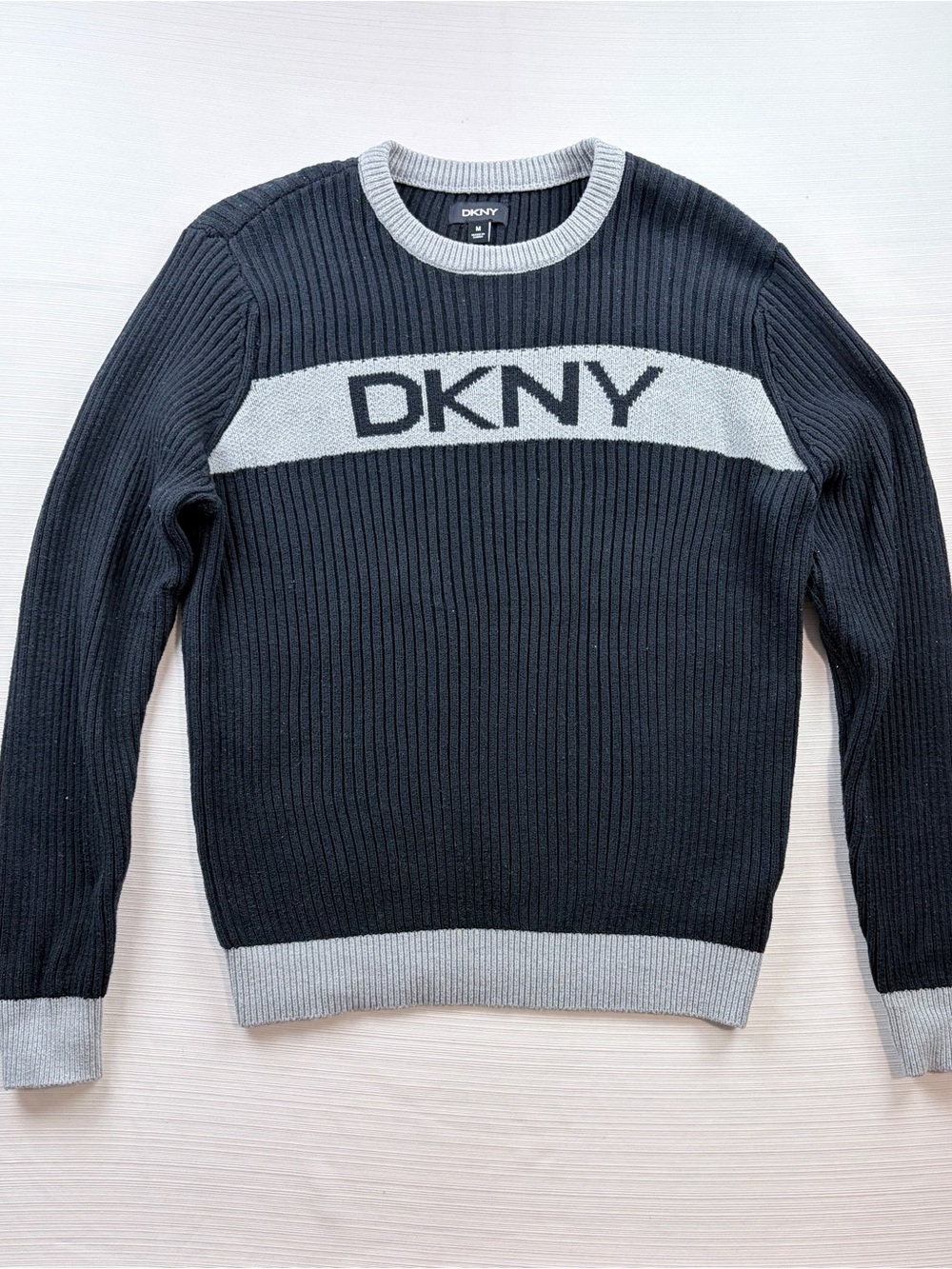 DKNY Black & Light Gray Rib-Knit Crewneck Sweater